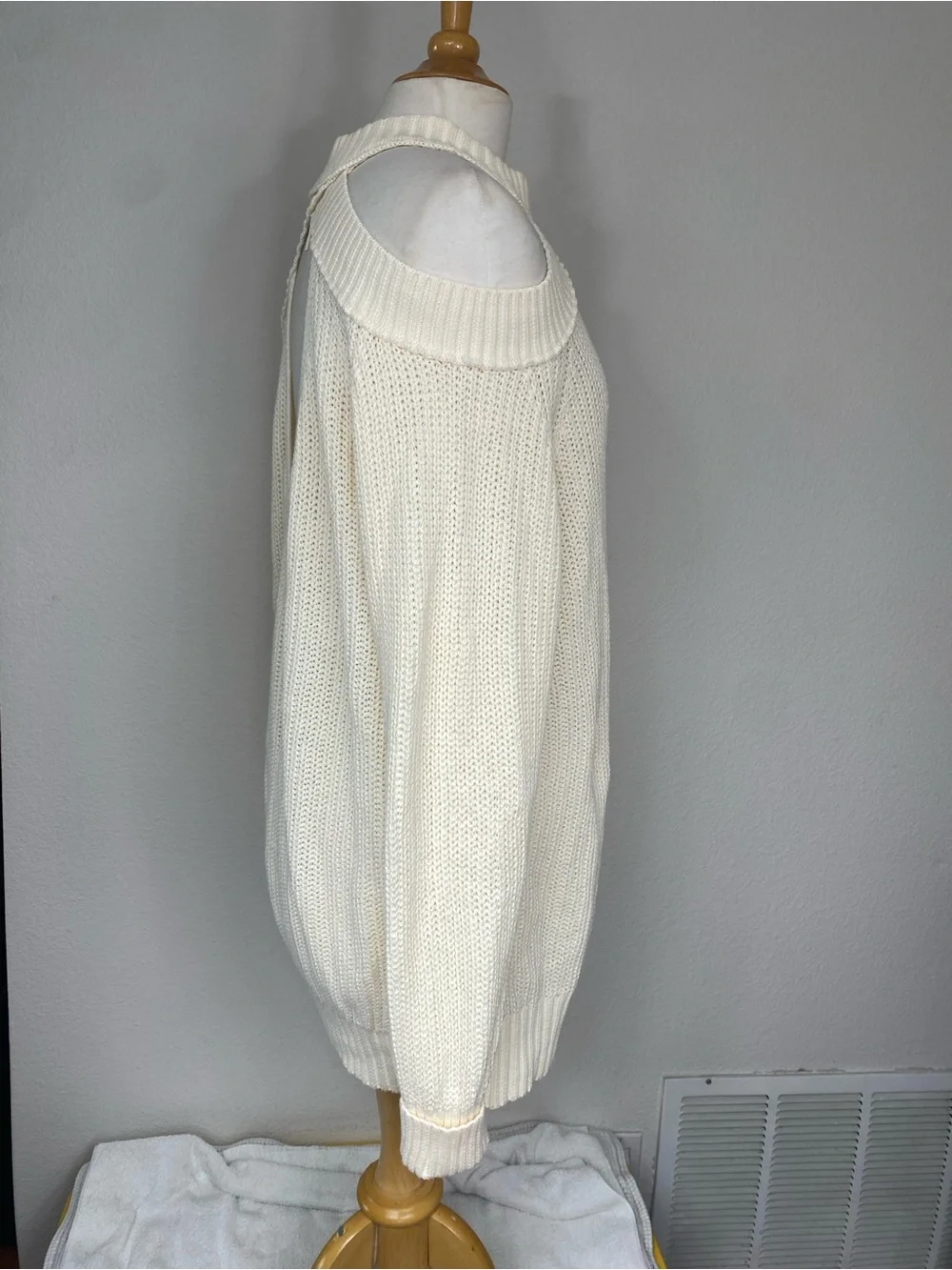 Free People Womens Cream Chunky Knit Ribbed Cutout Turtleneck Sweater Size Large